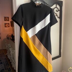 Karl Lagerfeld Black Dress with Yellow, White, and Tan Stripes